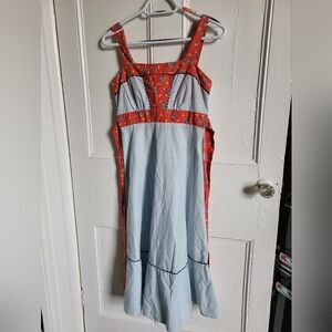 Vintage Prairie Light Blue Sundress with Red Floral Trim